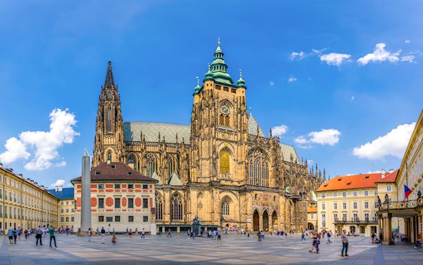 St Vitus Cathedral exterior with Gothic architecture in Prague, Czech Republic.