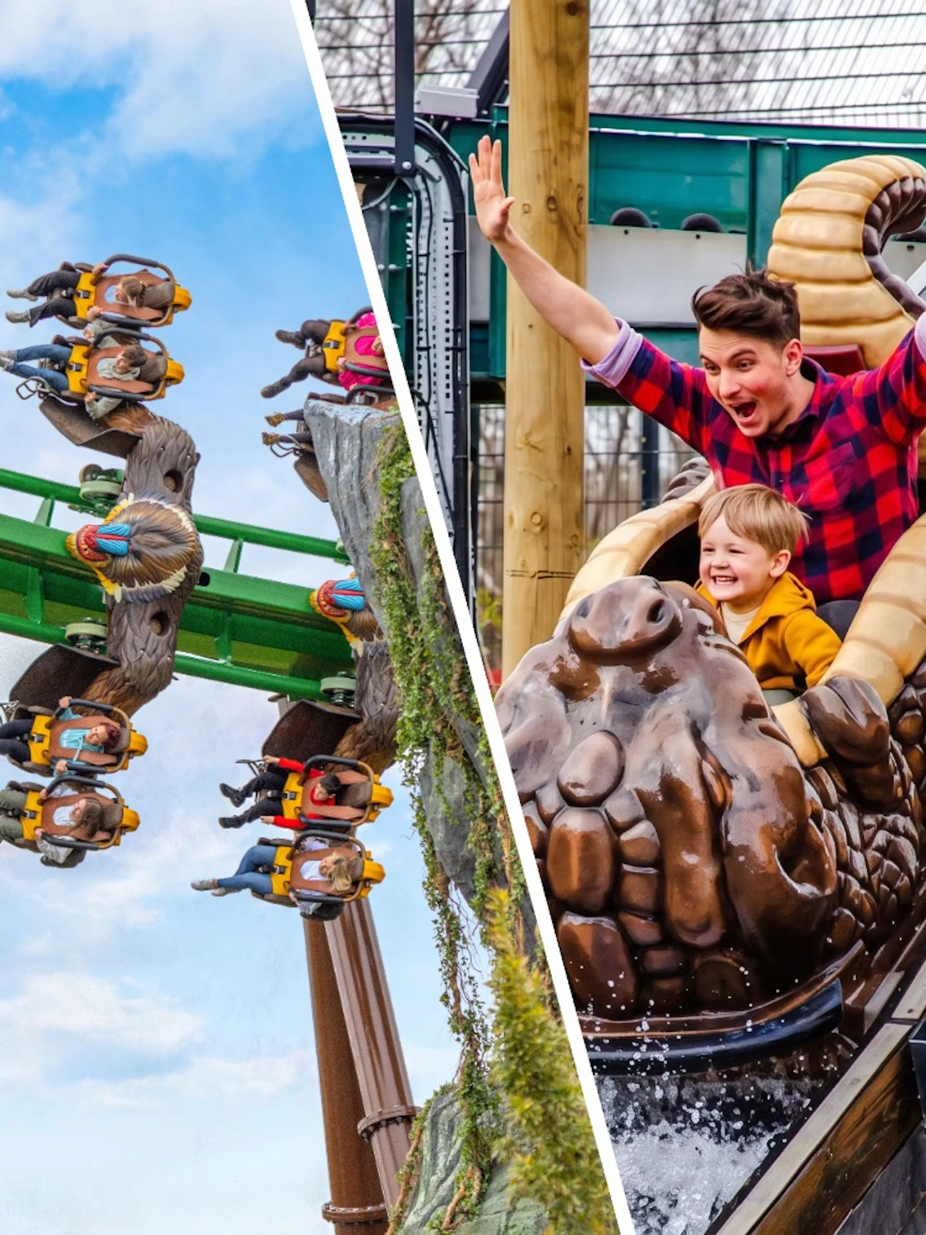 Riders on Mandrill Mayhem rollercoaster at World of Jumanji, Chessington World of Adventures Resort.