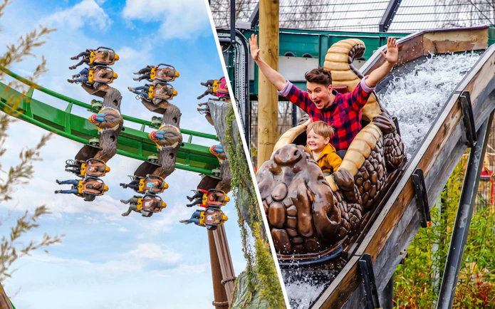 Riders on Mandrill Mayhem rollercoaster at World of Jumanji, Chessington World of Adventures Resort.