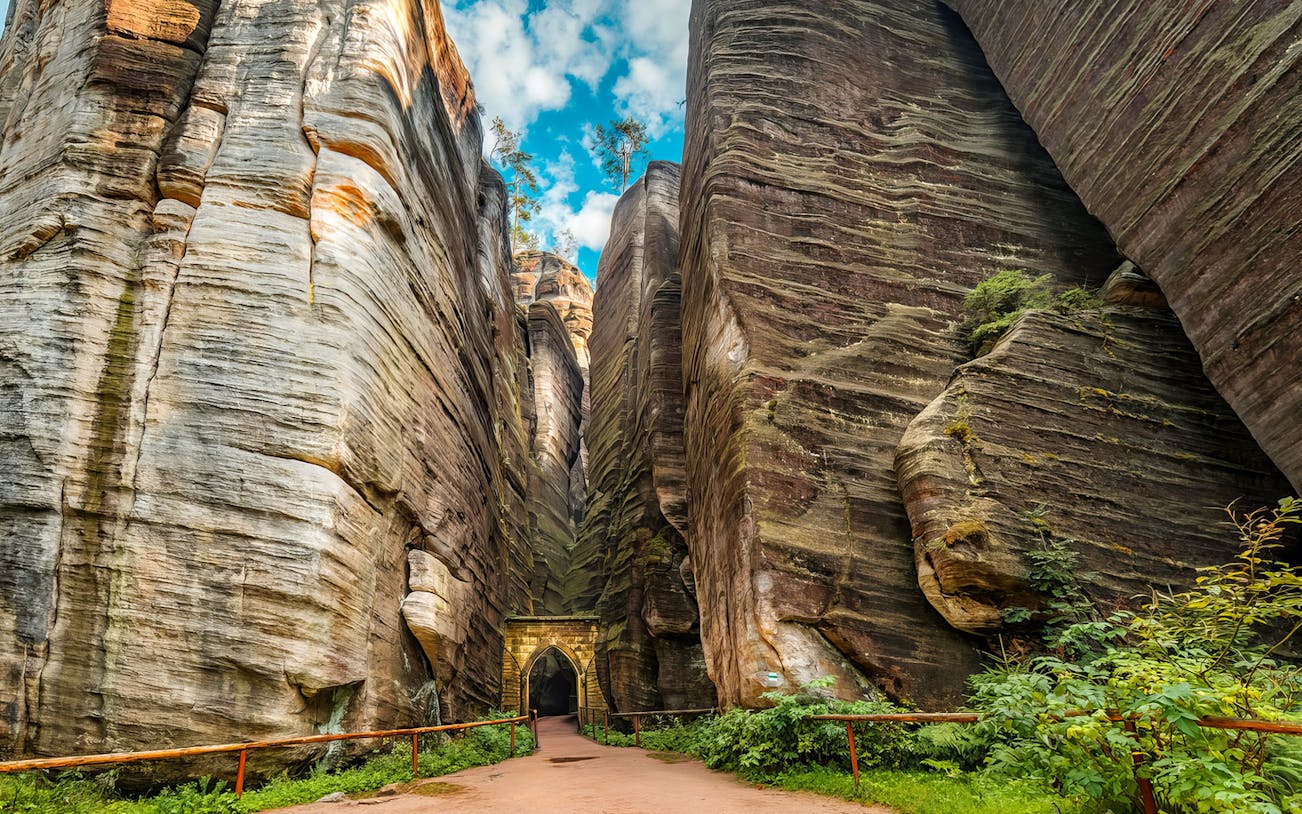 Adrspach rock formations with narrow path and archway, Czech Republic.