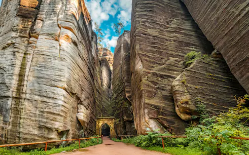 Adrspach rock formations with narrow path and archway, Czech Republic.