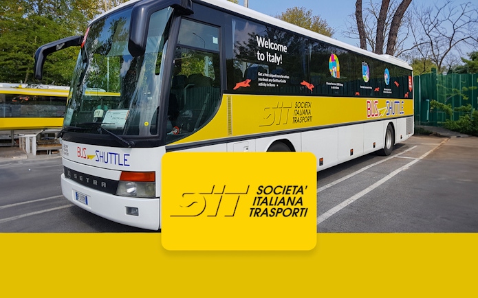 SIT shuttle bus parked at Ciampino Airport for transport to Roma Termini.