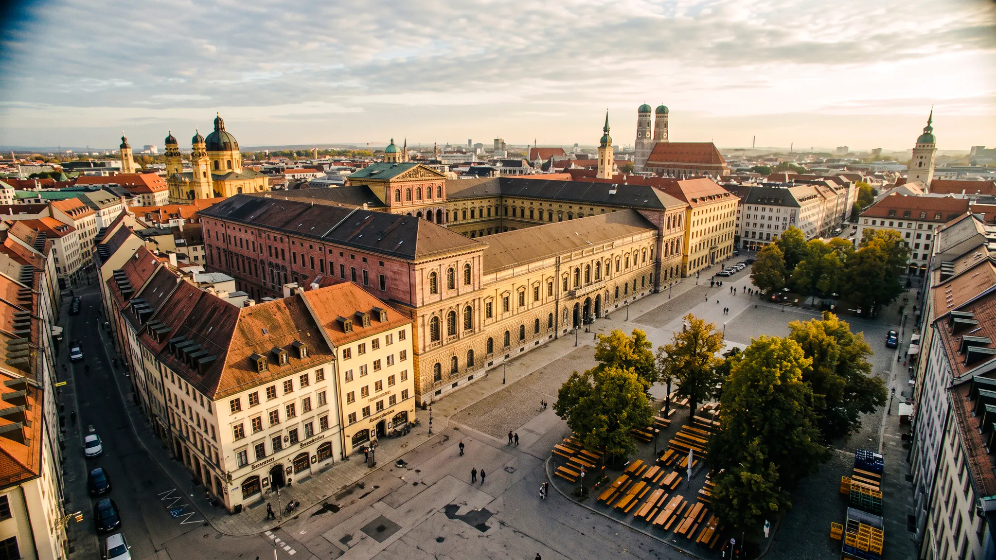 Aerial view of Munich cityscape featuring historic buildings and Marienplatz, part of the Oktoberfest Origins Walking Tour.