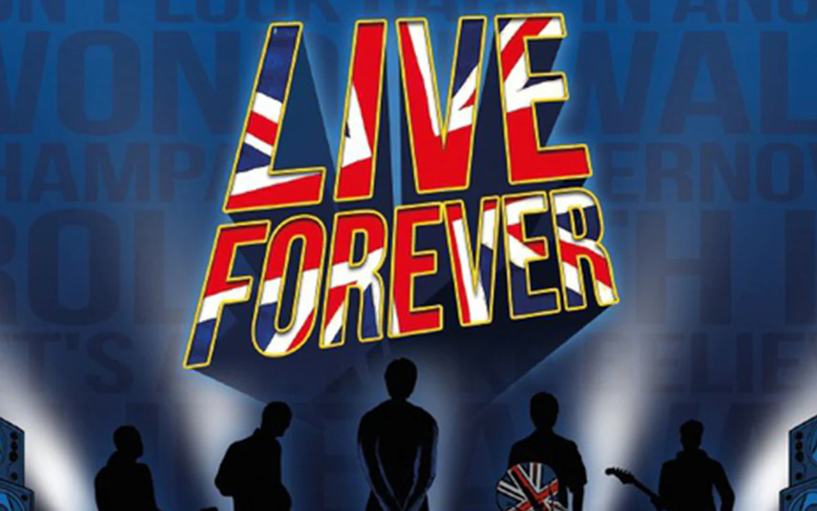 Silhouettes of band with Union Jack guitar under 'Live Forever' text