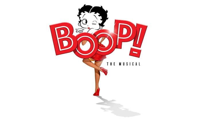 Betty Boop character with red dress and shoes in BOOP! The Musical logo