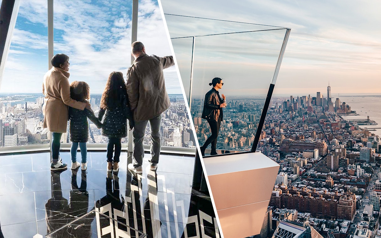 Family enjoying view from Empire State Building Observatory and person at Edge Observation Deck in New York City.
