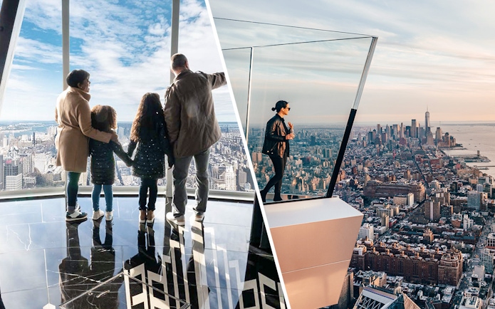Family enjoying view from Empire State Building Observatory and person at Edge Observation Deck in New York City.