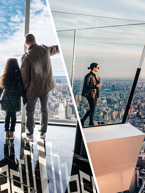 Family enjoying view from Empire State Building Observatory and person at Edge Observation Deck in New York City.