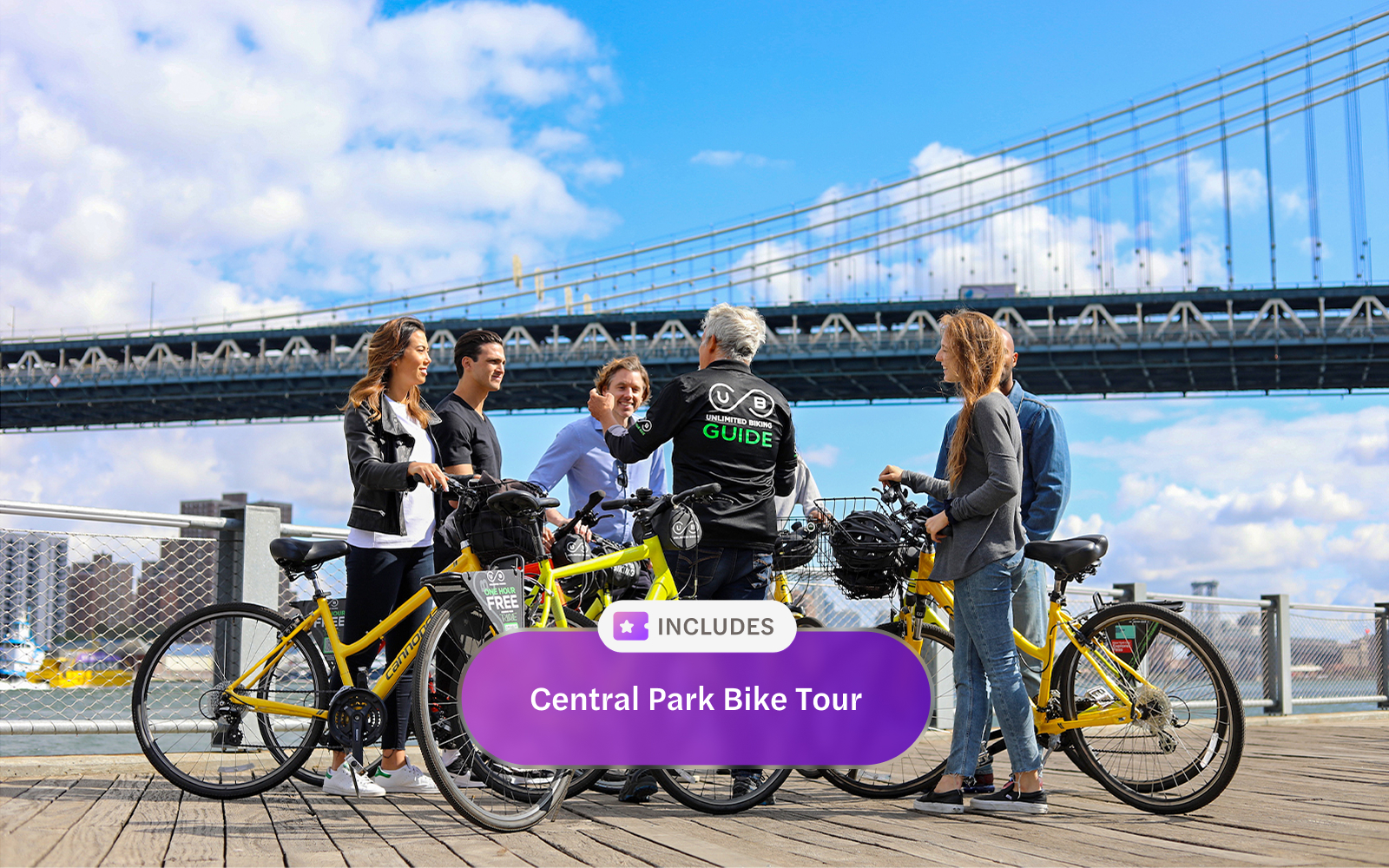 Group on a Central Park bike tour with guide near Brooklyn Bridge, New York.