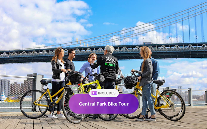 Group on a Central Park bike tour with guide near Brooklyn Bridge, New York.