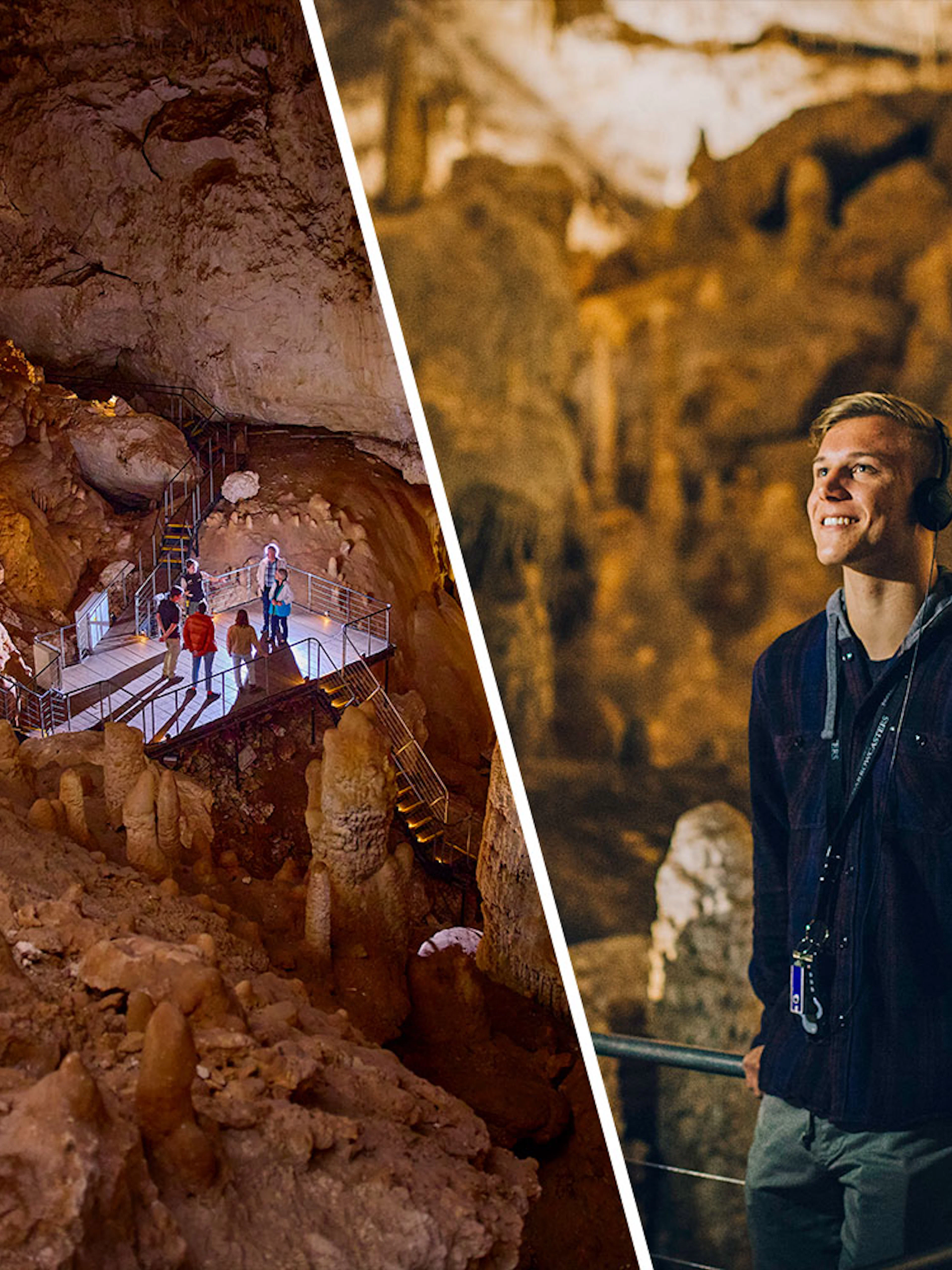 Tourists exploring Jewel Cave and Mammoth Cave in Margaret River, featuring stalactites and guided walkways.