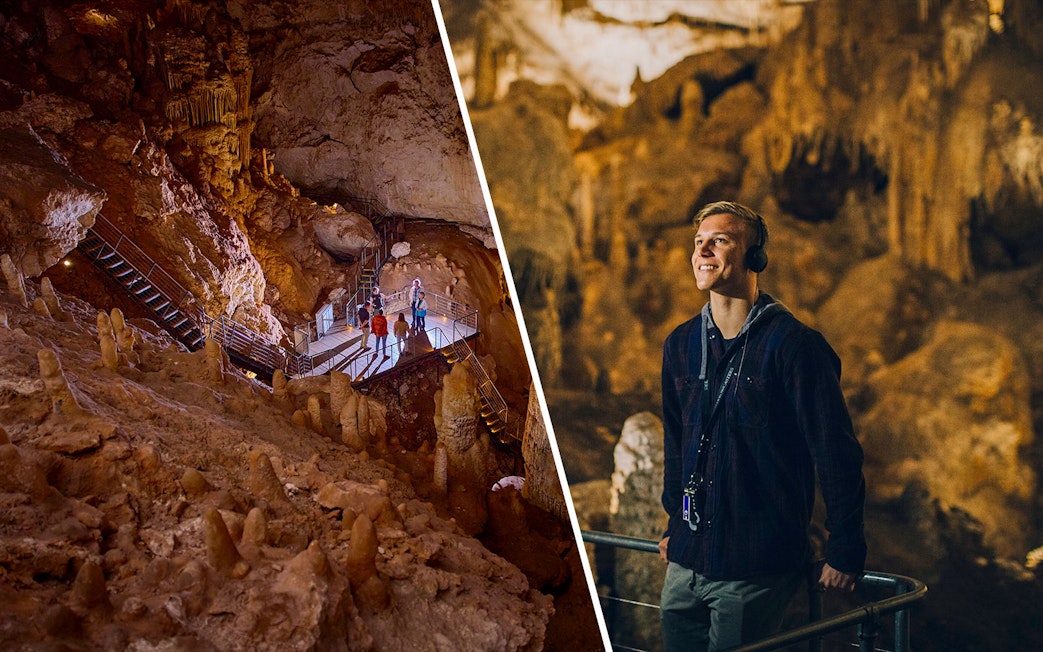 Tourists exploring Jewel Cave and Mammoth Cave in Margaret River, featuring stalactites and guided walkways.