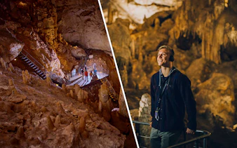 Tourists exploring Jewel Cave and Mammoth Cave in Margaret River, featuring stalactites and guided walkways.