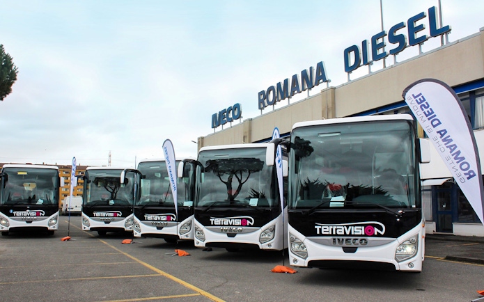 Terravision buses parked at Iveco Romana Diesel, ready for airport transfers.