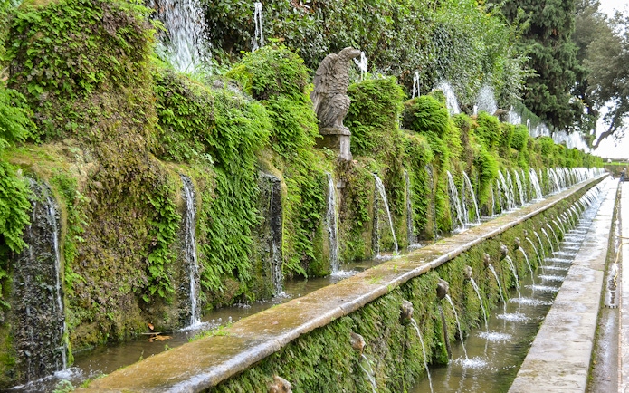 Fountains and greenery at Villa d’Este, Tivoli, Italy.