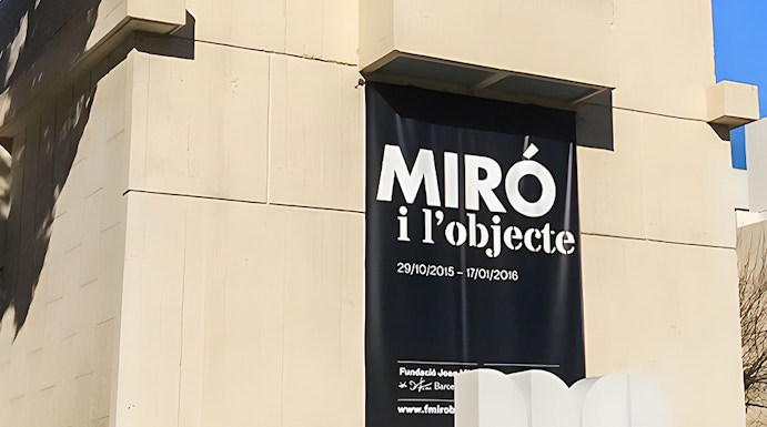 Joan Miró Foundation building exterior with exhibition banner in Barcelona.
