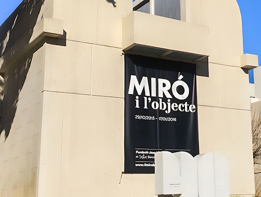 Joan Miró Foundation building exterior with exhibition banner in Barcelona.