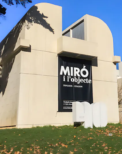 Joan Miró Foundation building exterior with exhibition banner in Barcelona.