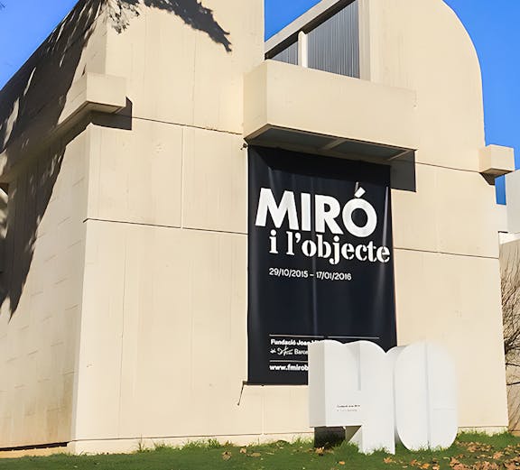 Joan Miró Foundation building exterior with exhibition banner in Barcelona.