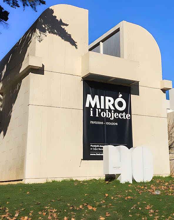 Joan Miró Foundation building exterior with exhibition banner in Barcelona.