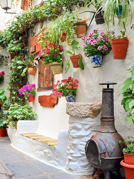 House facade with potted plants in El Hondillo, Lanjarón, Alpujarras, Granada, Spain.