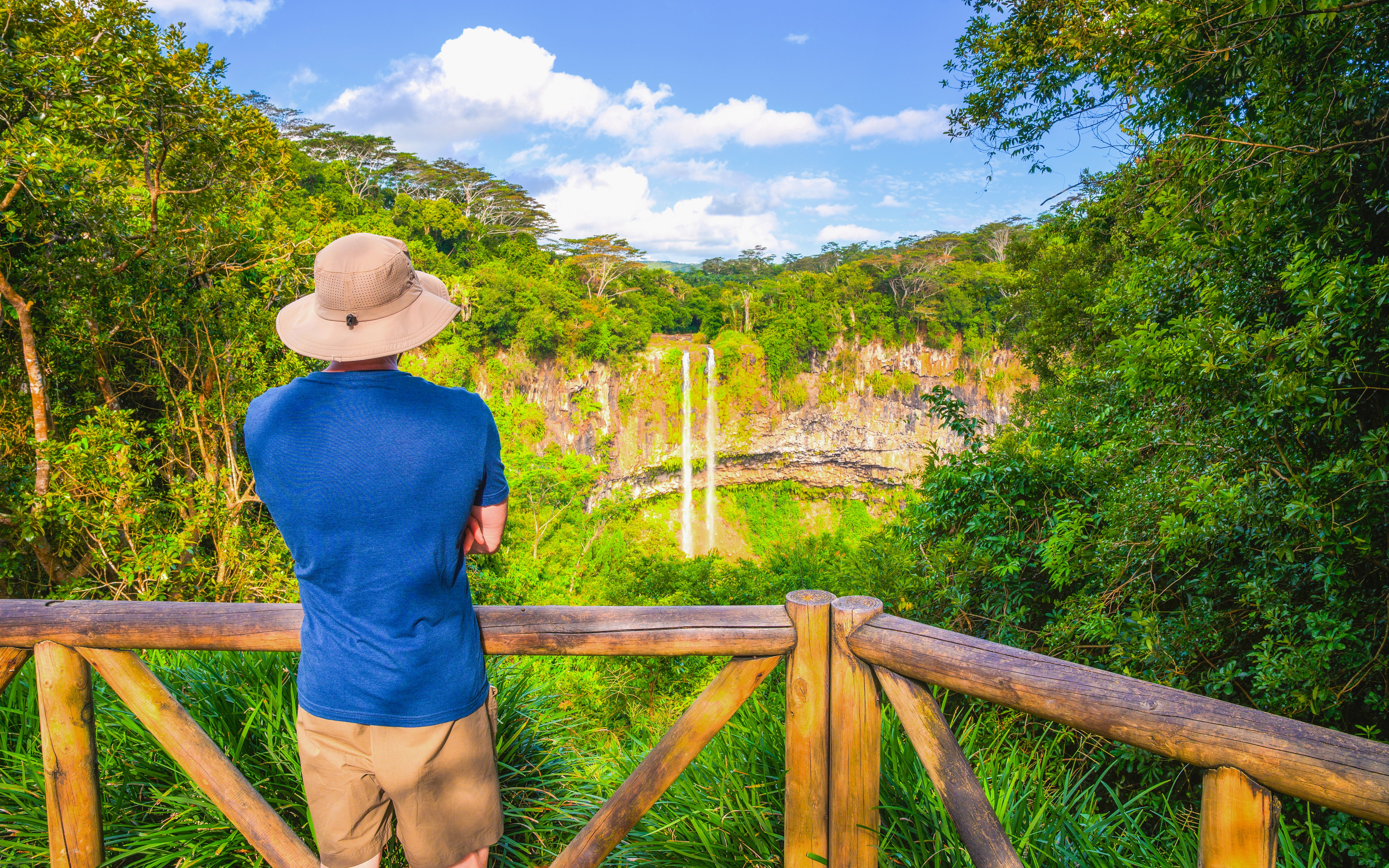 Person viewing Chamarel Waterfall from a wooden railing, surrounded by lush greenery in Mauritius.