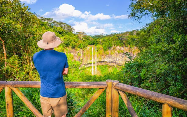 Person viewing Chamarel Waterfall from a wooden railing, surrounded by lush greenery in Mauritius.