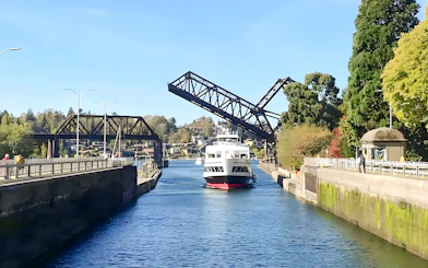 Cruise ship passing under Salmon Bay Bridge in Seattle locks.