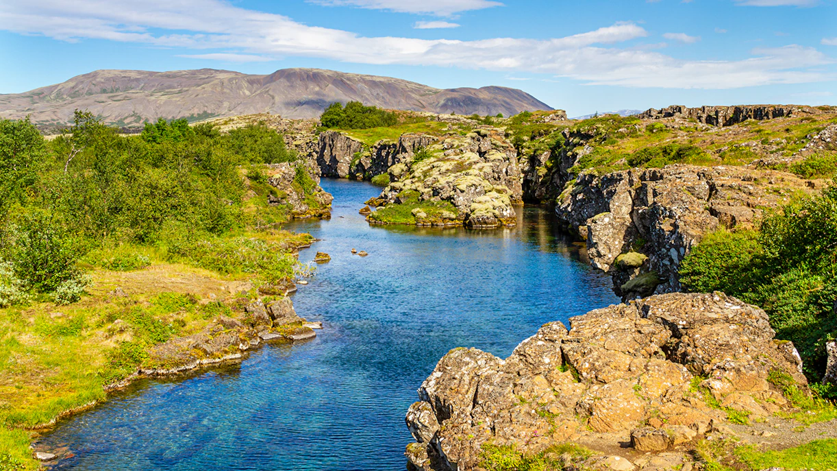 Thingvellir National Park rocky cliffs and lush greenery, Iceland.