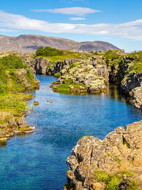 Rocky cliffs and lush greenery at Thingvellir National Park, Iceland.