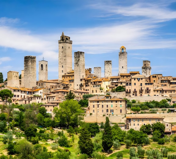 Medieval towers of San Gimignano in Tuscany, Italy, seen on Florence to Chianti tours.