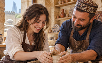 Local artisan guiding pottery workshop participant in Baku's Old City.