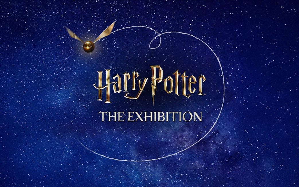 Harry Potter: The Exhibition logo with Golden Snitch on starry background.