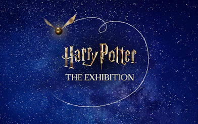 Harry Potter: The Exhibition logo with Golden Snitch on starry background.