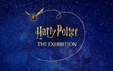 Harry Potter: The Exhibition logo with Golden Snitch on starry background.