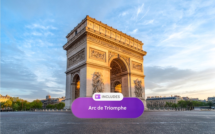 Arc de Triomphe in Paris at sunset, included in Paris Museum pass.