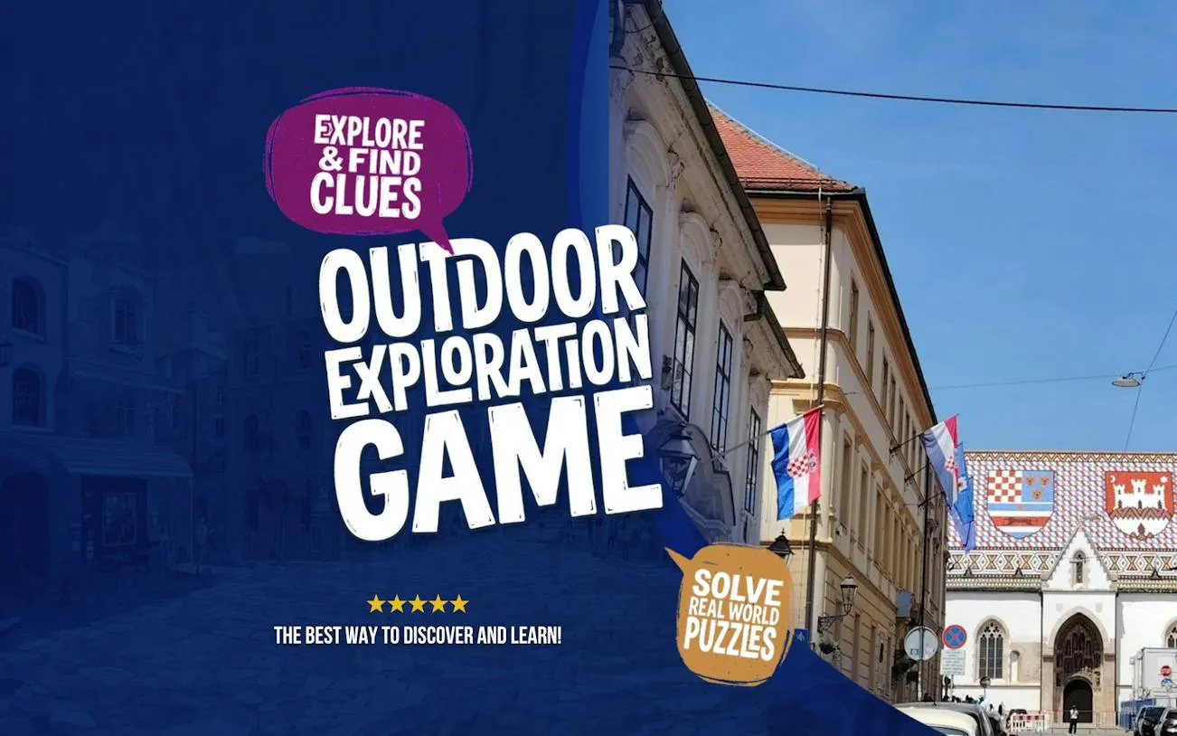 Self-guided exploration game in Zagreb featuring St. Mark's Church and Croatian flags.