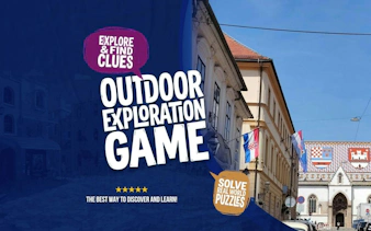 Self-guided exploration game in Zagreb featuring St. Mark's Church and Croatian flags.