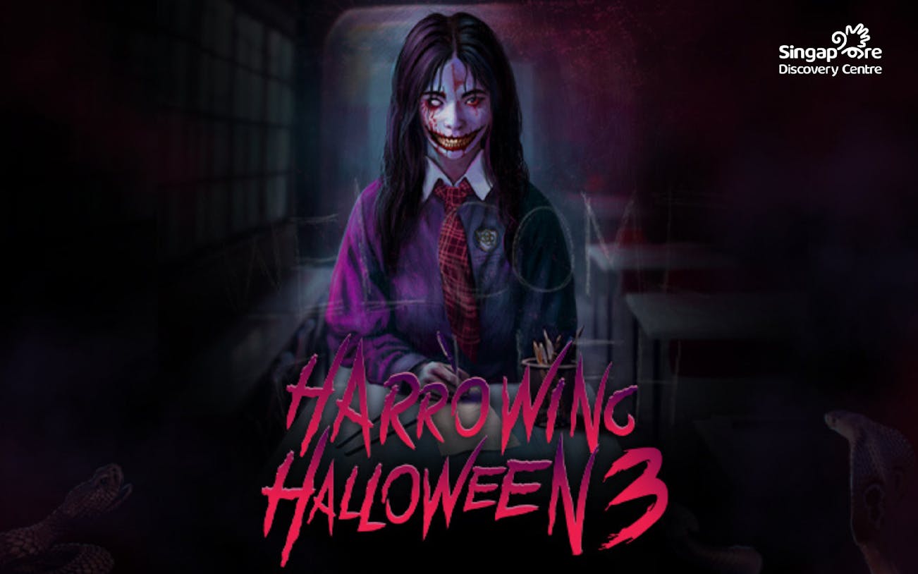 Horror-themed character in school uniform at Harrowing Halloween 3, Singapore Discovery Centre.