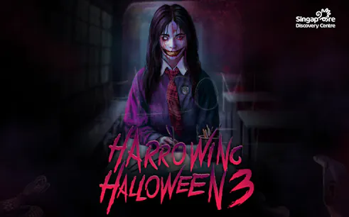 Horror-themed character in school uniform at Harrowing Halloween 3, Singapore Discovery Centre.