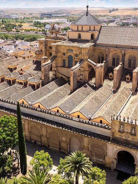Aerial view of the historic Mosque-Cathedral in Córdoba, Spain, surrounded by lush gardens.
