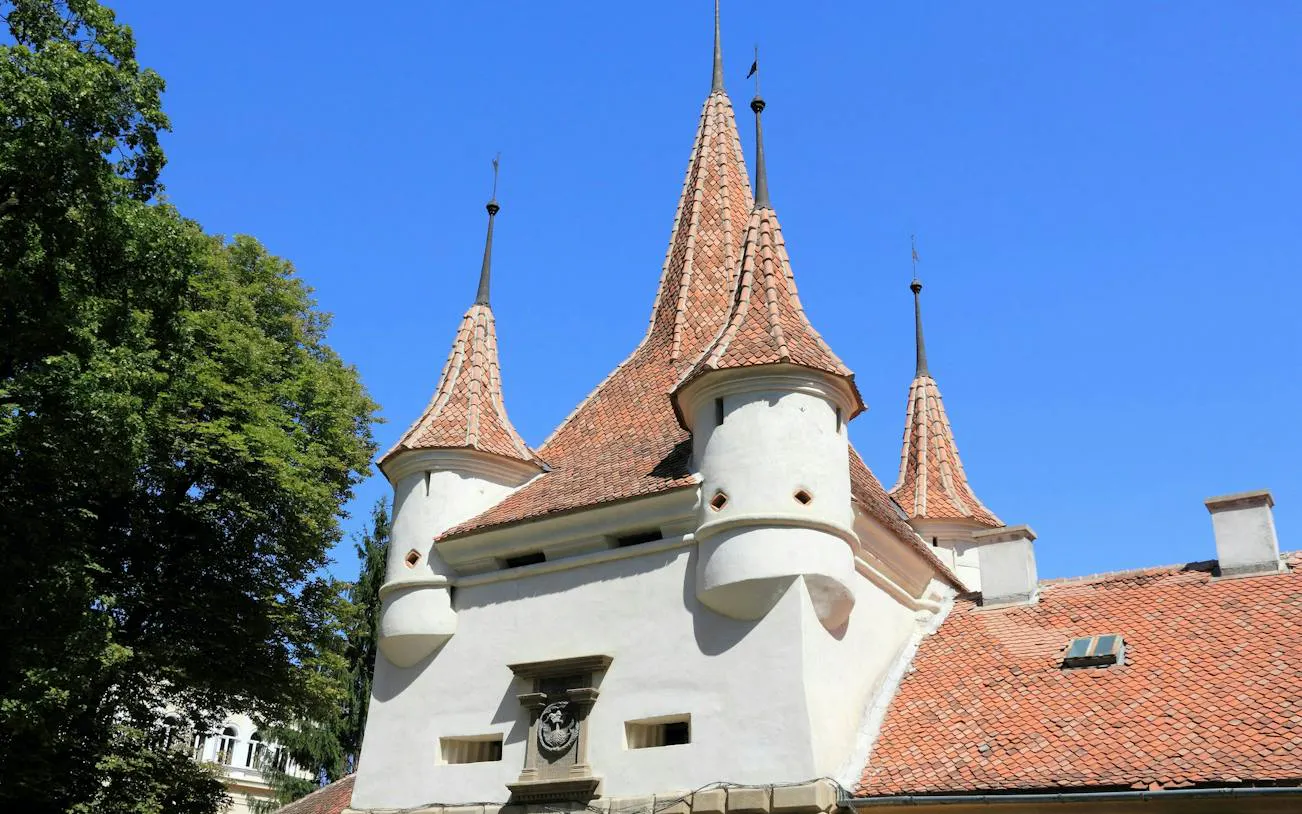 Catherine's Gate with its medieval towers in Brașov, Romania.