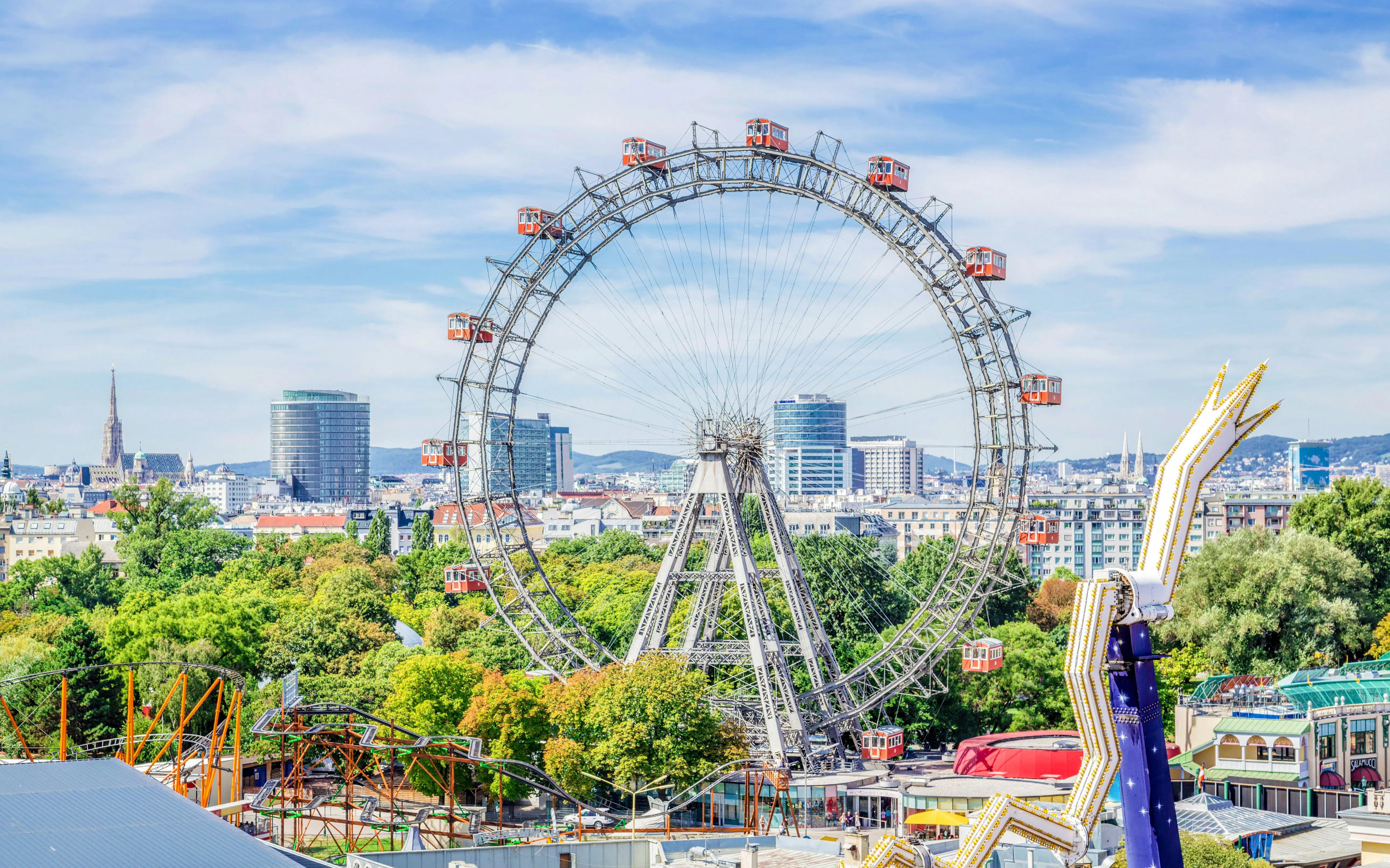 Prater Giant Ferris Wheel in Vienna with cityscape background.