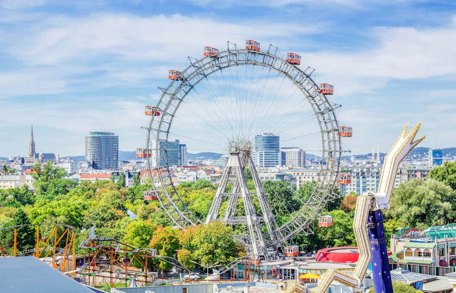Prater Giant Ferris Wheel in Vienna with cityscape background.