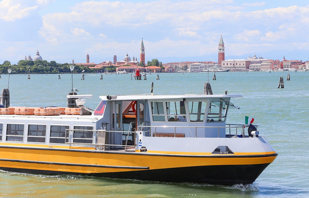 Venice water bus ferrying passengers from Marco Polo Airport to Venice city.