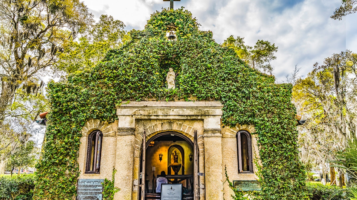 Mission Nombre de Dios chapel covered in ivy, Saint Augustine, Florida.