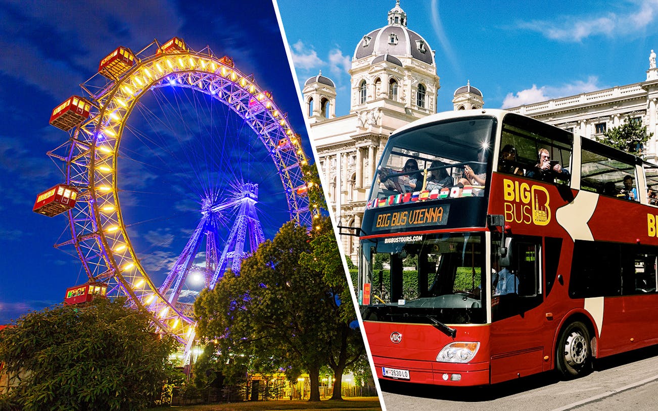 Vienna Ferris wheel at night and Big Bus tour in front of historic building.