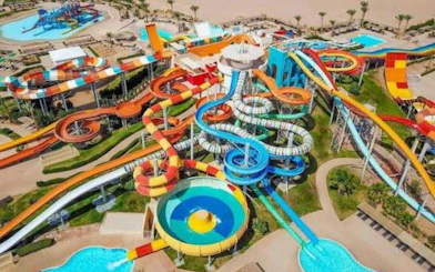 Colorful water slides at Makadi Water World Aqua Park, Hurghada.