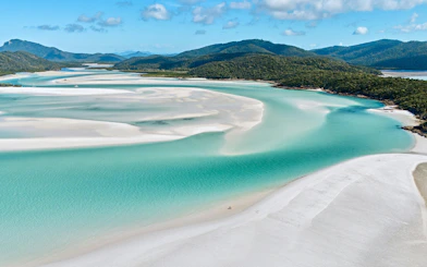 Whitehaven Beach and Hill Inlet with turquoise waters and white sands, Whitsundays Island.