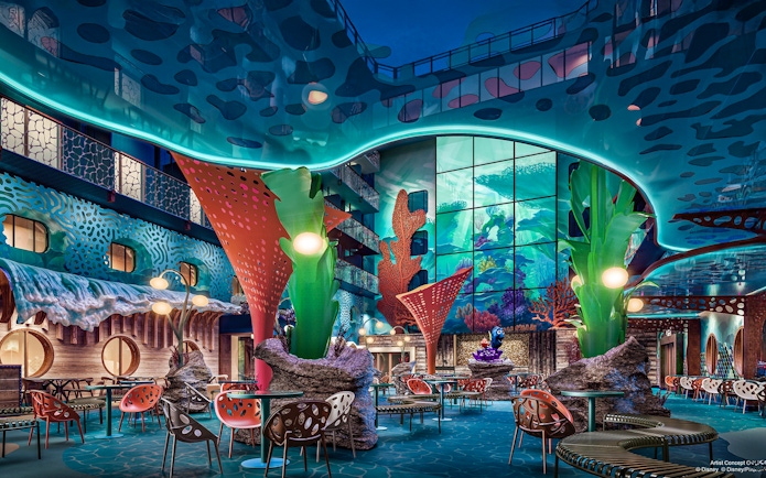 Underwater-themed dining area on Discovery Reef, Disney Adventure Cruise.